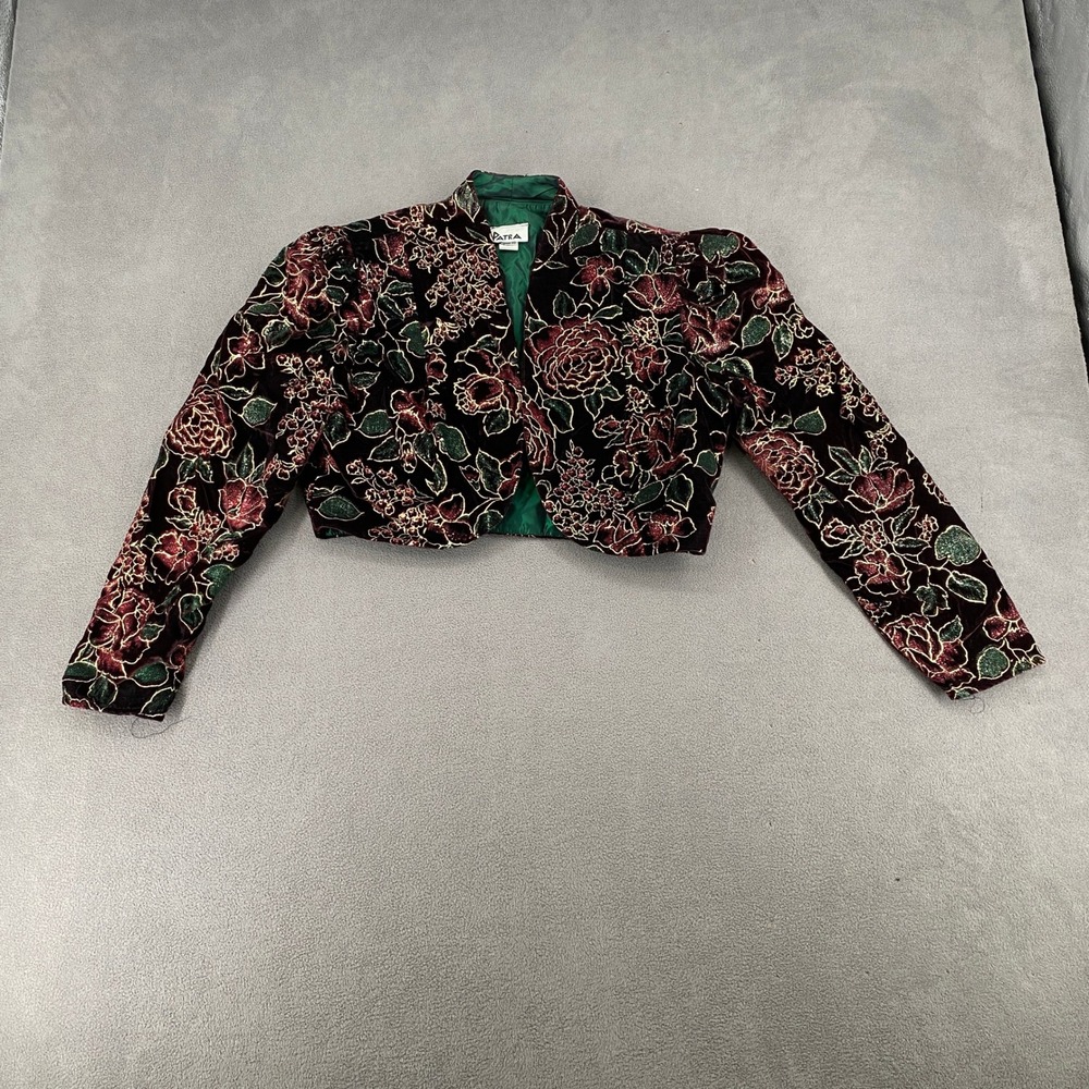 Patra Vintage Floral Velvet Bolero Jacket Cropped Burgundy Green Gold Size 10